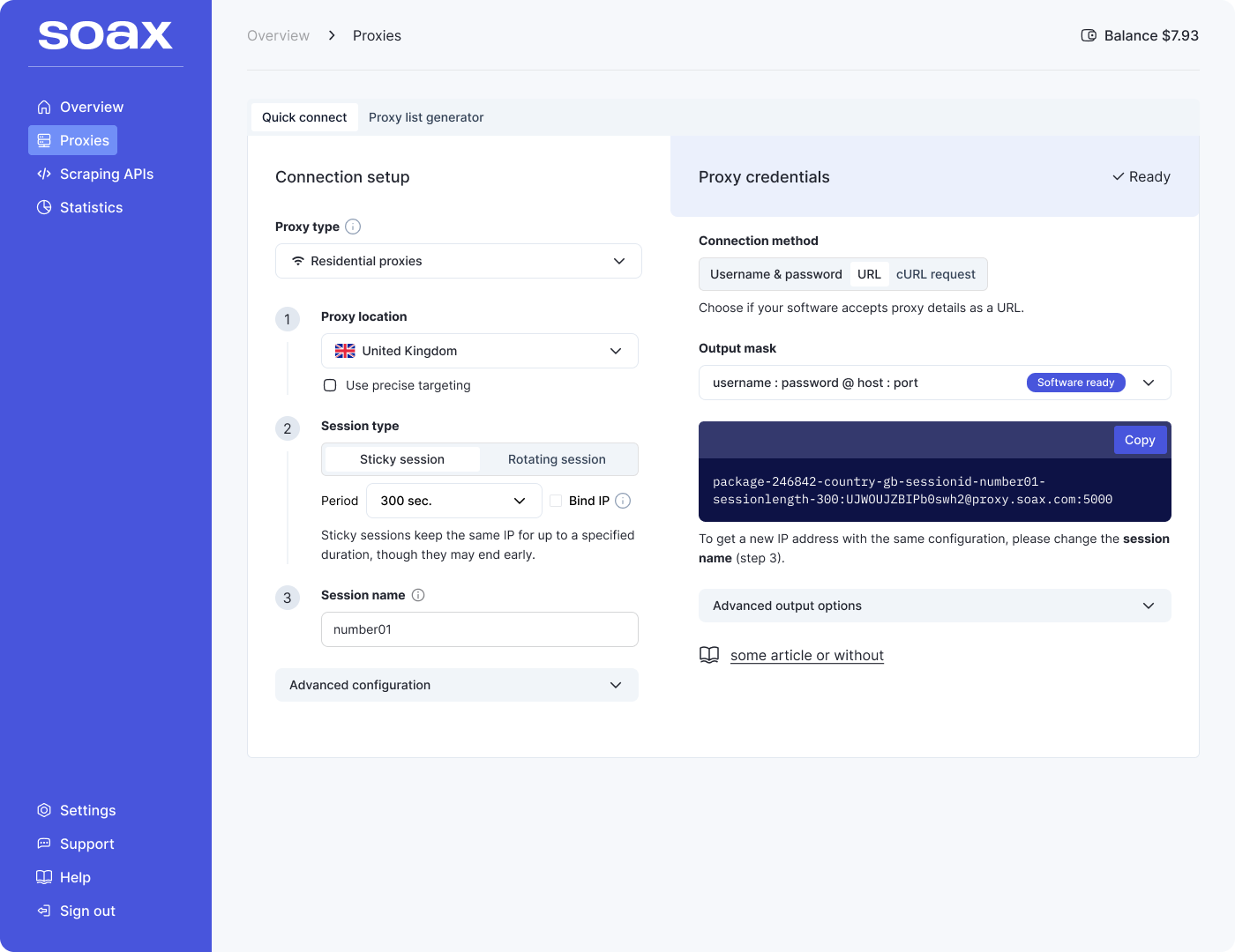 the soax dashboard