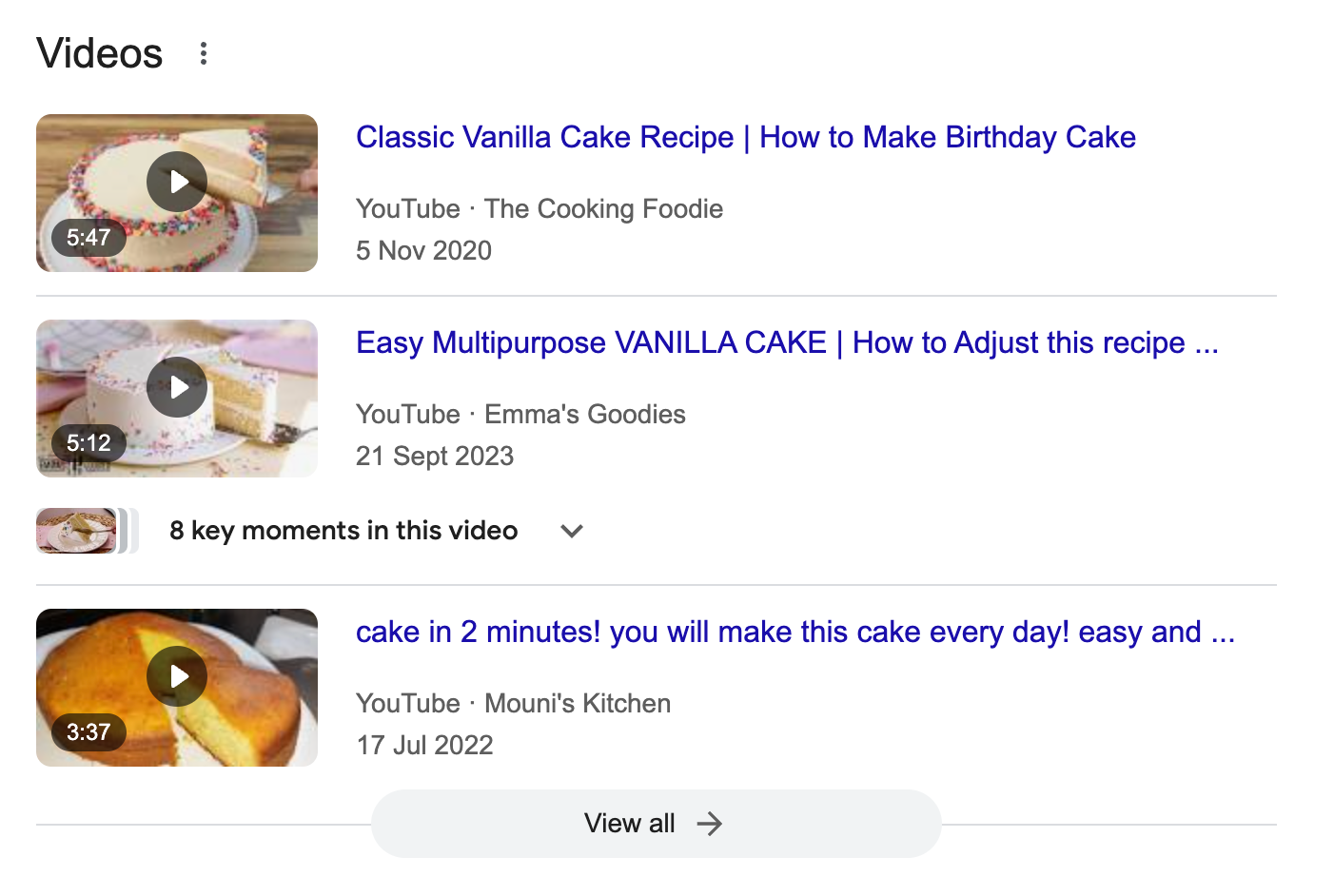 screenshot of a video carousel on google search about making cake