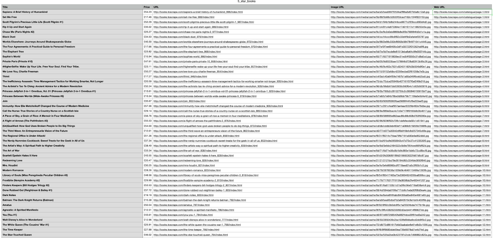 A spreadsheet with the headings title, price, url, image url, and web url with all the details beneath