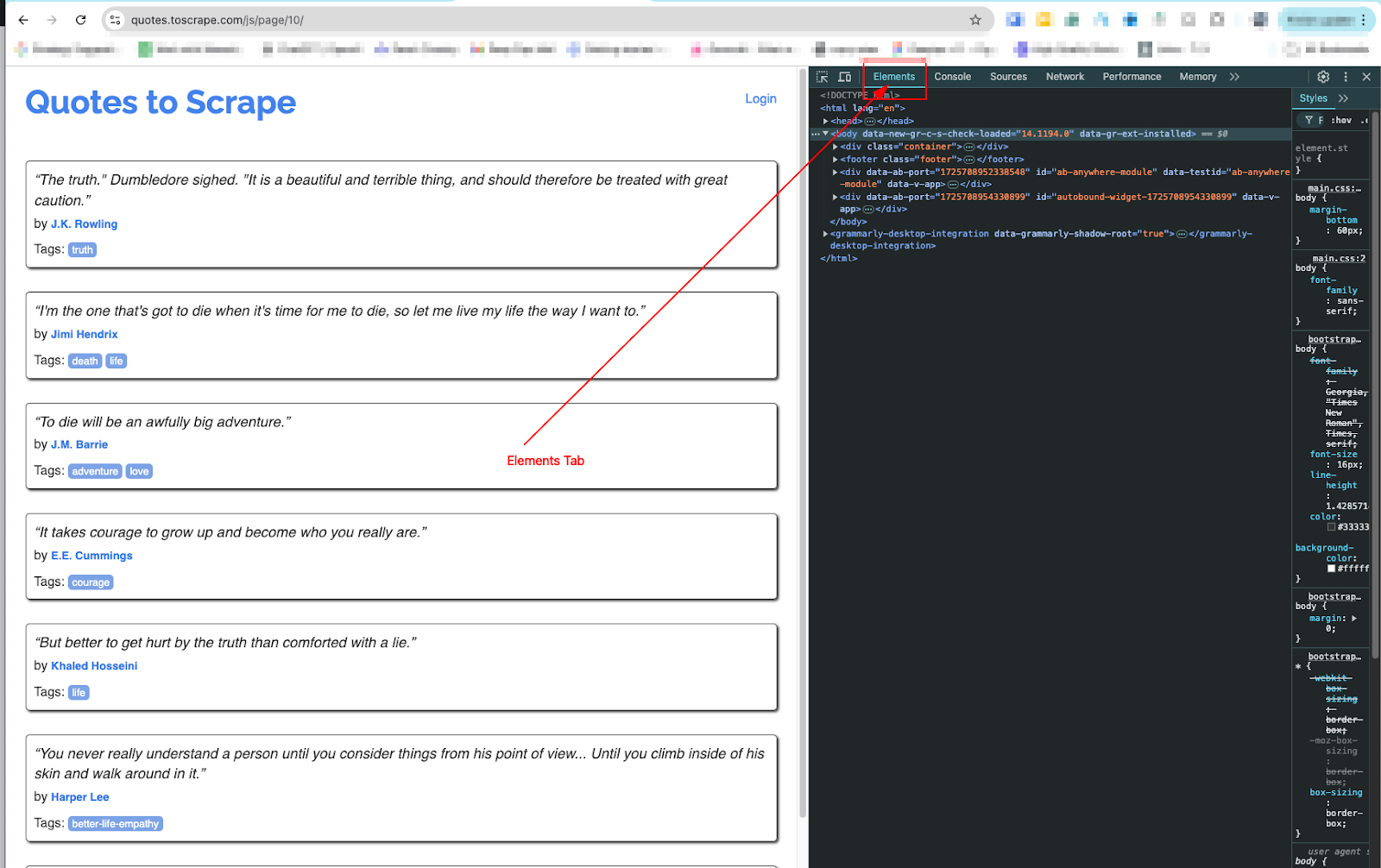 the quotes to scrape website with the html exposed and the elements tab highlighted