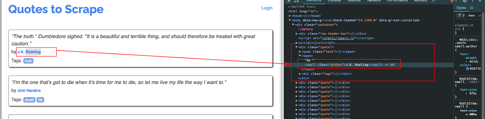 the author tags highlighted in the html of the quotes website