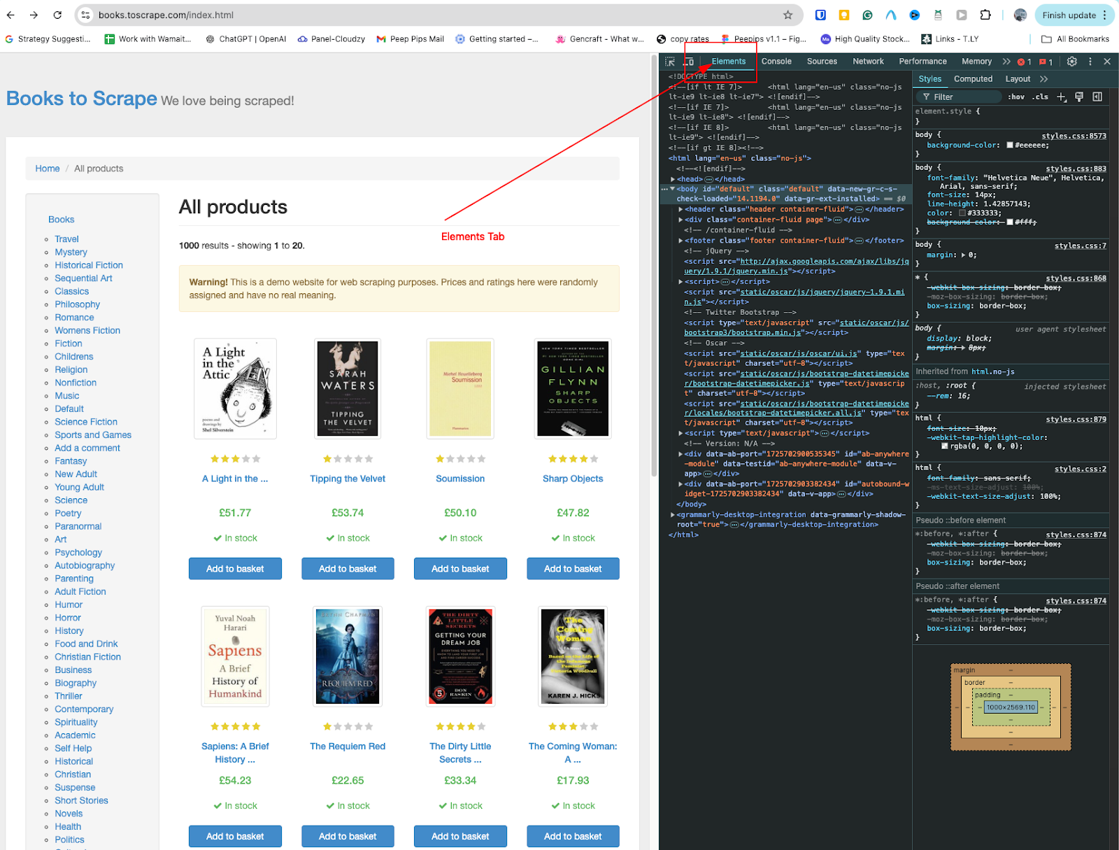 The books to scrape website with the HTML open on the right hand side and the Elements tab highlighted