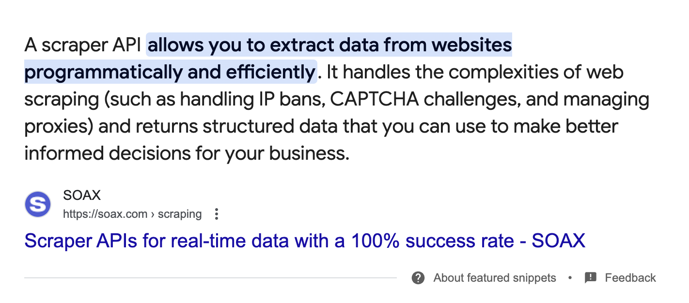 screen shot of a featured snippet