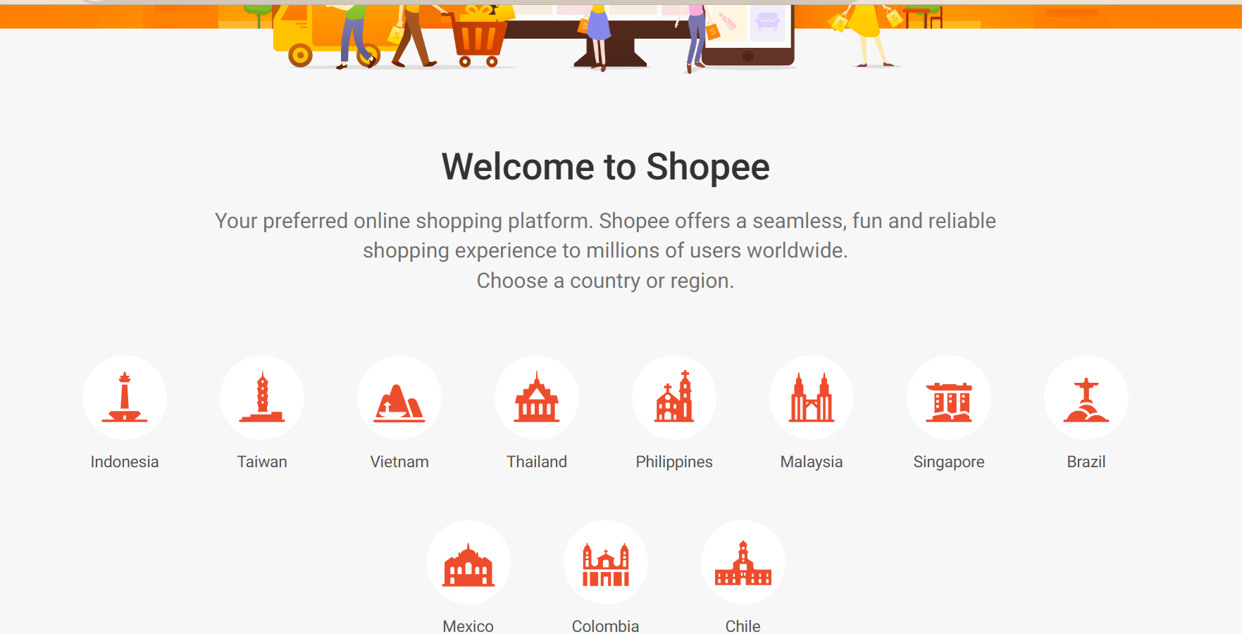 Shopee homepage with the Asian countries in which it's available listed.