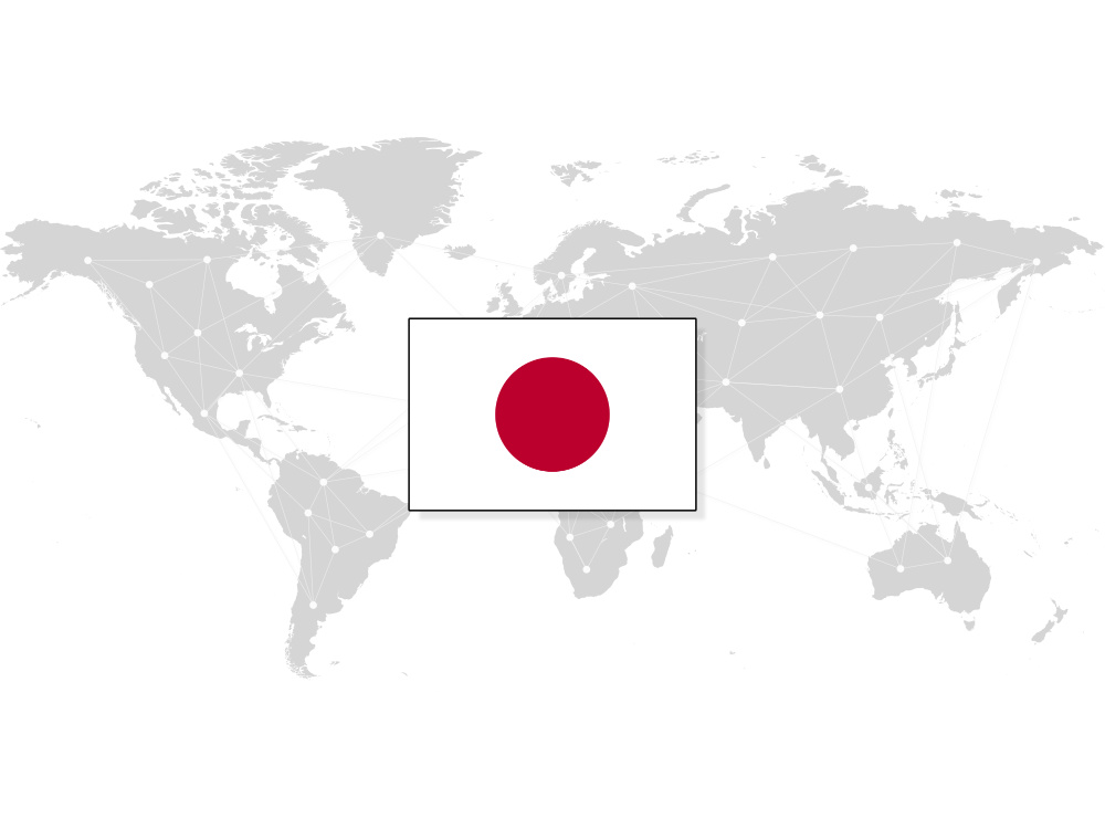 Map of the world with the Japanese flag on top 