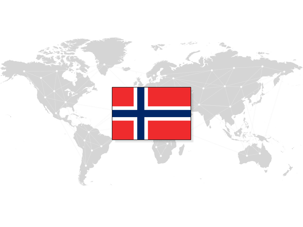 Map of the world with the Norwegian flag on top