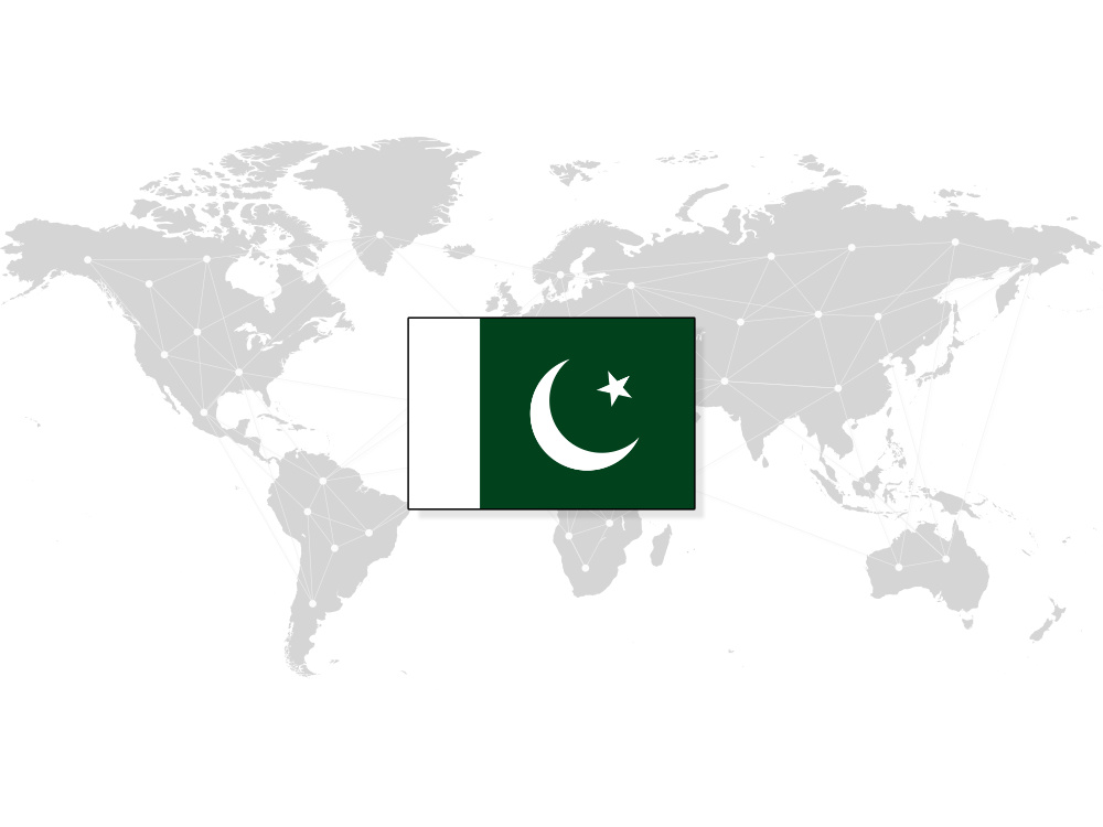 Map of the world with the Pakistani flag on top