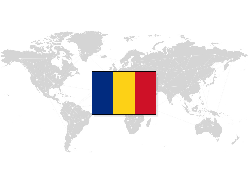 Map of the world with the Romanian flag on top 